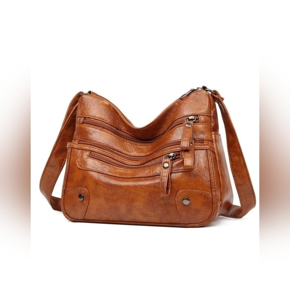 NWT Brown Studded Crossbody Bag PU Leather Multi-Zipper Pocket Shoulder Purse